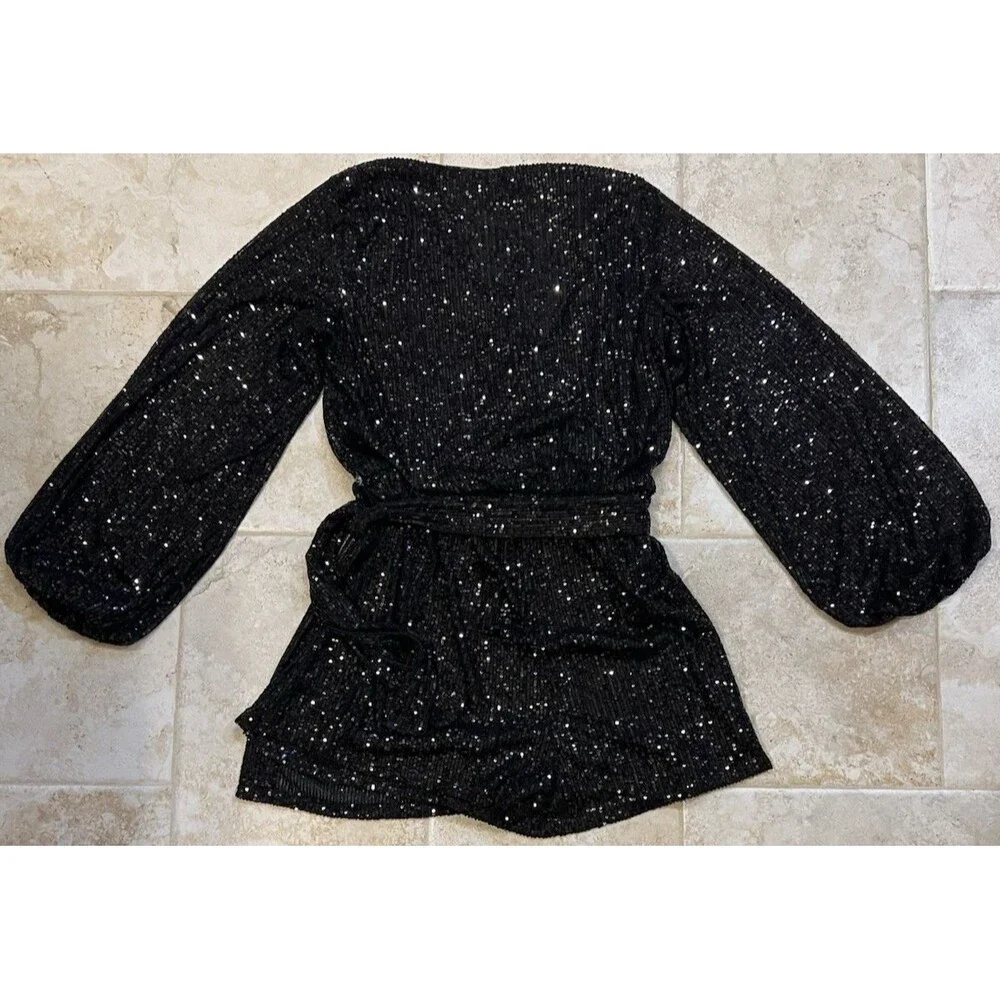 Free People Christa Sequin Long Sleeve Wrap Romper Black Size Lg Party Holiday